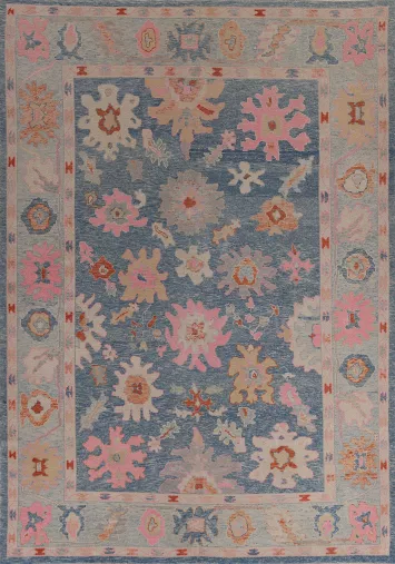 Handmade Blue Floral Oushak Vegetable Dye Area Rug 9x12
