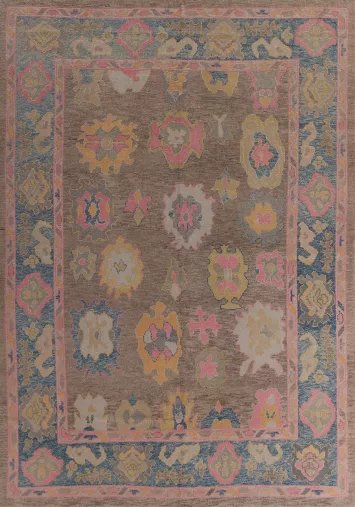Brown Handmade Floral Oushak Vegetable Dye Area Rug 9x11