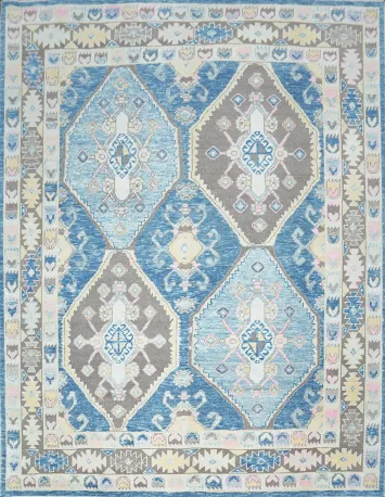 Vegetable Dye Blue and Brown Oushak Turkish Area Rug 8x11
