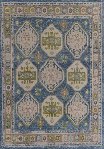 Blue Geometric Wool Oushak Vegetable Dye Area Rug 8x11