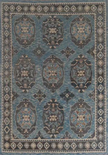 Geometric Blue Oushak Vegetable Dye Area Rug 8x11