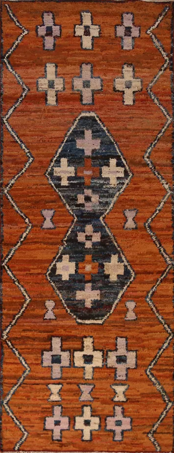 Orange Wool Moroccan Oriental Runner Rug 3x10