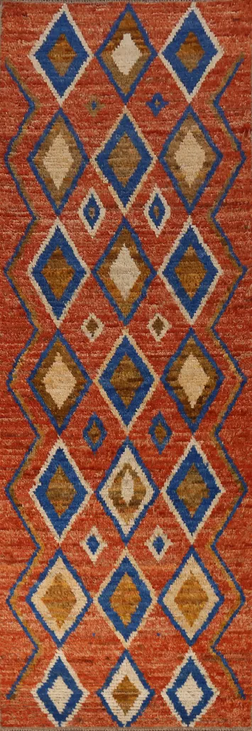 Orange Wool Moroccan Oriental Runner Rug 3x10