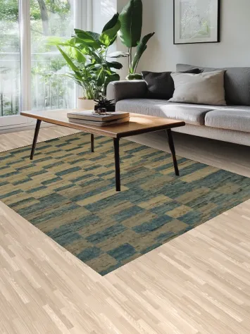 Chic Blocks Moroccan Area Rug 6x9 in Subtle Blue and Beige