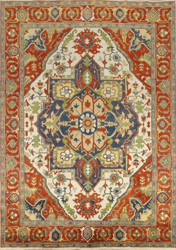 Geometric Wool Medallion Heriz Serapi Indian Area Rug 9x12