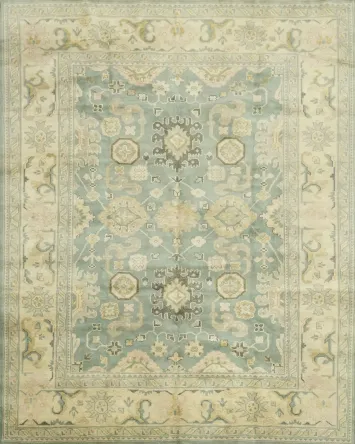 8x10 Blue and Beige Traditional Oushak Hand-Knotted Wool Rug