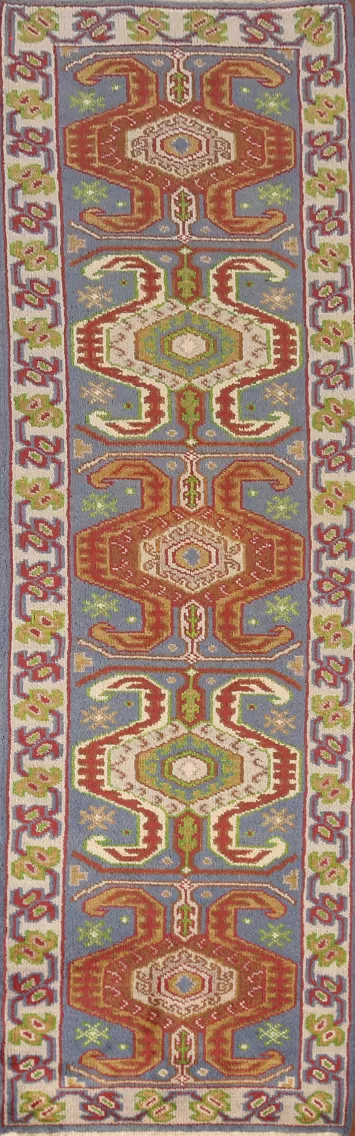 Blue Geometric Heriz Serapi Indian Runner Rug 2x10