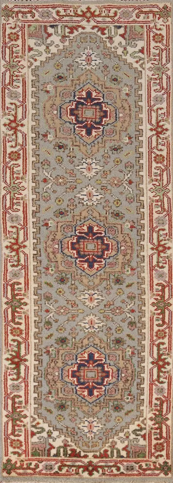 Gray Geometric Heriz Serapi Indian Runner Rug 2x8