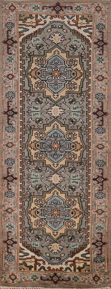Gray Geometric Heriz Serapi Indian Runner Rug 3x8