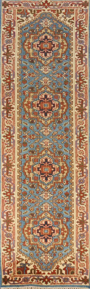 Light Blue Heriz Serapi Indian Runner Rug 2x10