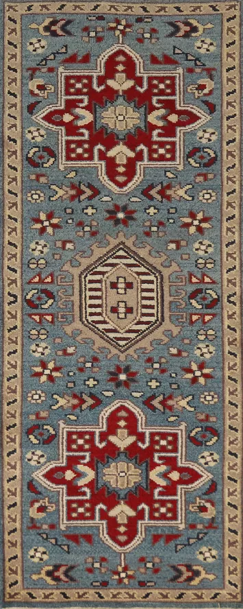 Light Blue Heriz Serapi Indian Runner Rug 3x8