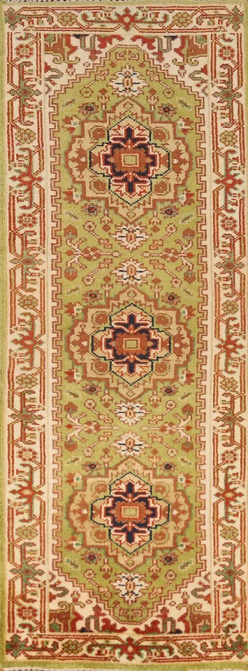 Light Green Heriz Serapi Indian Runner Rug 3x8