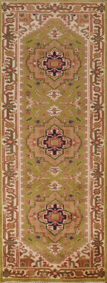 Green Geometric Heriz Serapi Indian Runner Rug 3x8