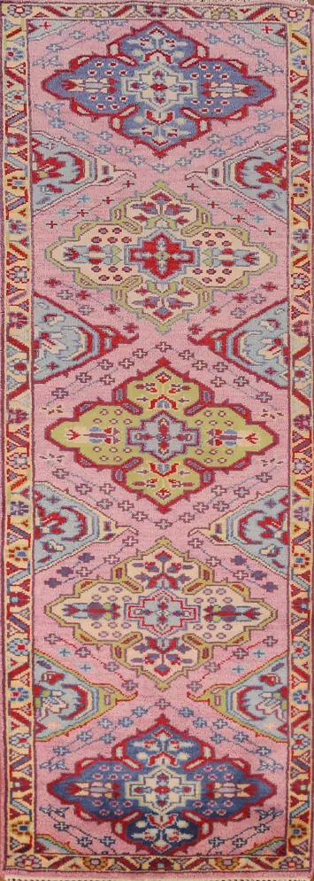 Pink Geometric Heriz Serapi Indian Runner Rug 3x10