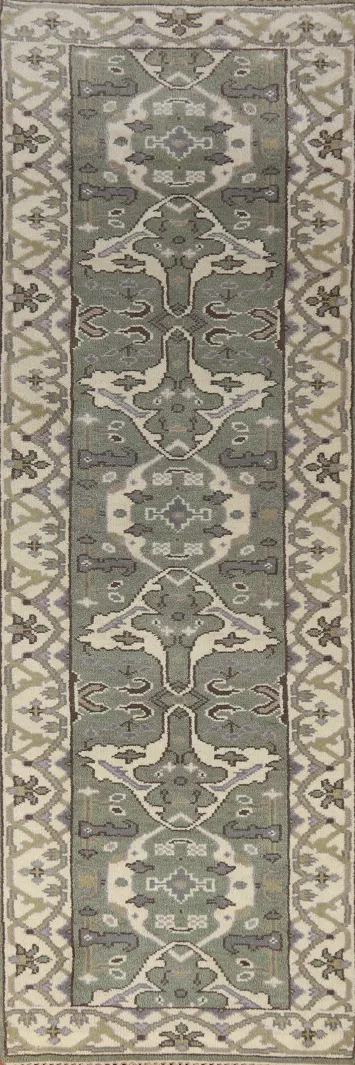 Green Wool Oushak Indian Runner Rug 3x10