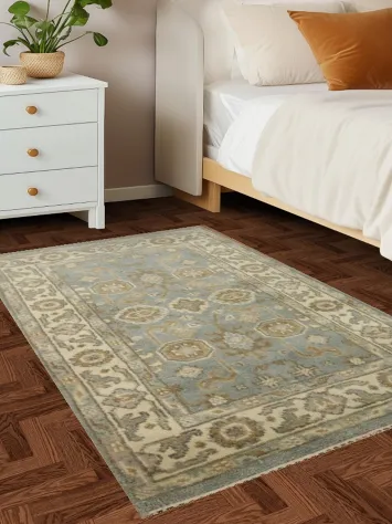 Light Blue Geometric Oushak Indian Rug 3x5