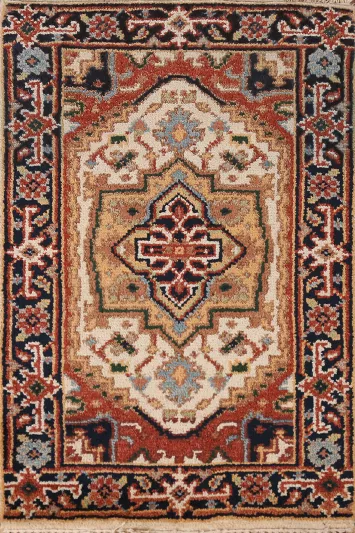 Ivory Wool Medallion Heriz Serapi Indian Accent Rug 2x3