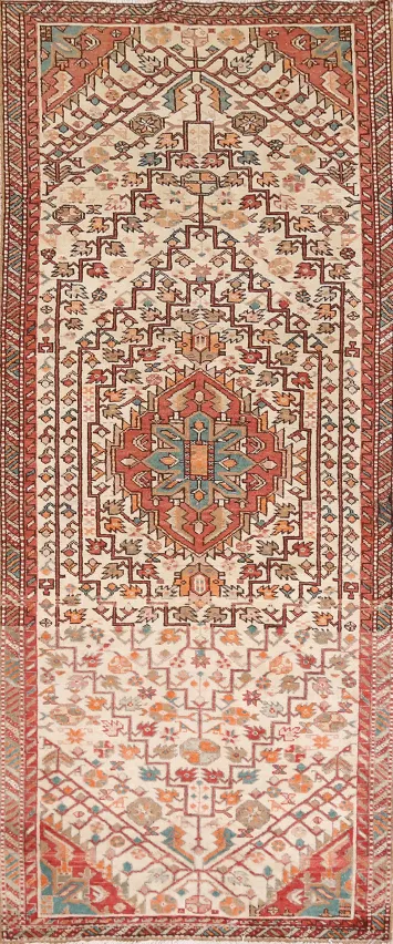 Ivory Wool Geometric Hamedan Persian Runner Rug 3x8