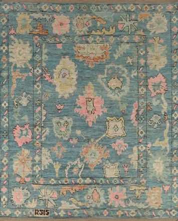 All-Over Blue Floral Oushak Turkish Area Rug 8x10