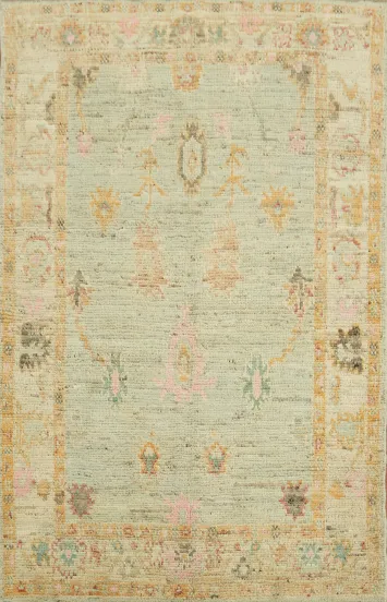 Soft Pastel Tones Green and Pink Oushak Turkish Rug 4x6 ft