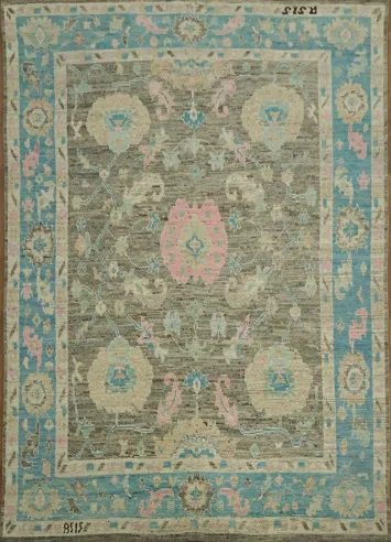 Vintage-Inspired Floral Oushak Turkish Rug with Blue and Pink Accents 9x12