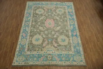 Vintage-Inspired Floral Oushak Turkish Rug with Blue and Pink Accents 9x12