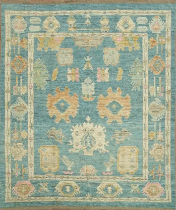 Vegetable Dye Teal Blue Oushak Turkish Area Rug 8x10