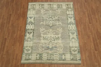 Antique Finish Grey and Green Oushak Turkish Rug with Delicate Border Motif Intricacies 6x8