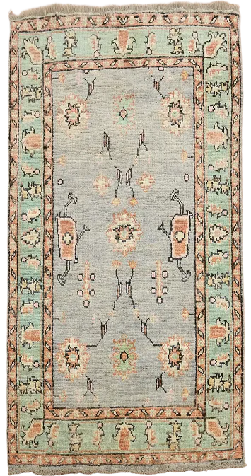 Oushak Turkish Green and Peach Rug with Classic Floral Patterns 3'x5'