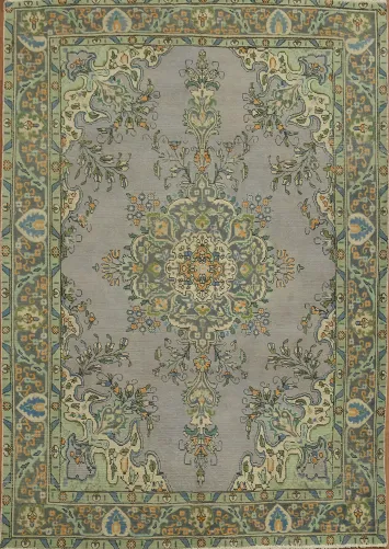 Muted Lilac Vintage Geometric Tabriz Persian Area Rug 7x9