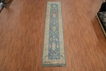 Vegetable Dye Blue Oushak Turkish Runner Rug 3x15