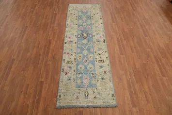 Light Blue Oushak Vegetable Dye Runner Rug 3x9