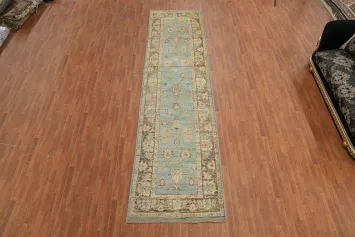 Aqua Blue Oushak Vegetable Dye Runner Rug 4x16
