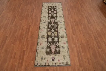 Dark Brown Oushak Vegetable Dye Runner Rug 3x9