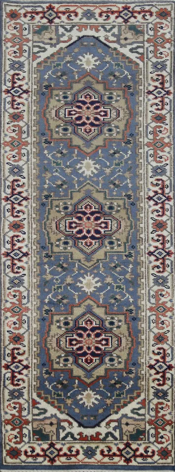 Geometric Blue Heriz Serapi Indian Runner Rug 3x8