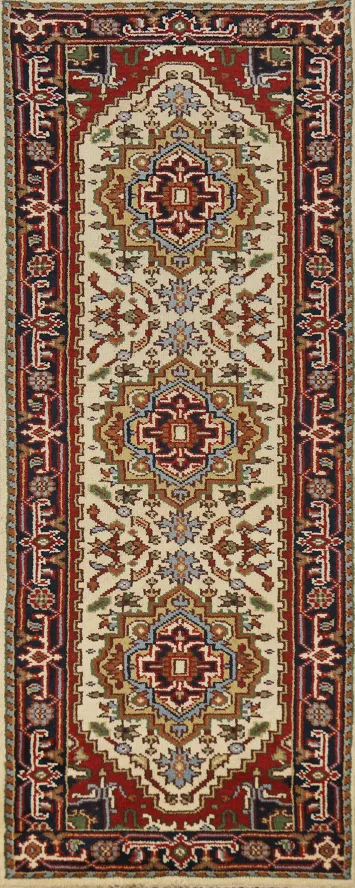 Geometric Wool Heriz Serapi Indian Runner Rug 2x8