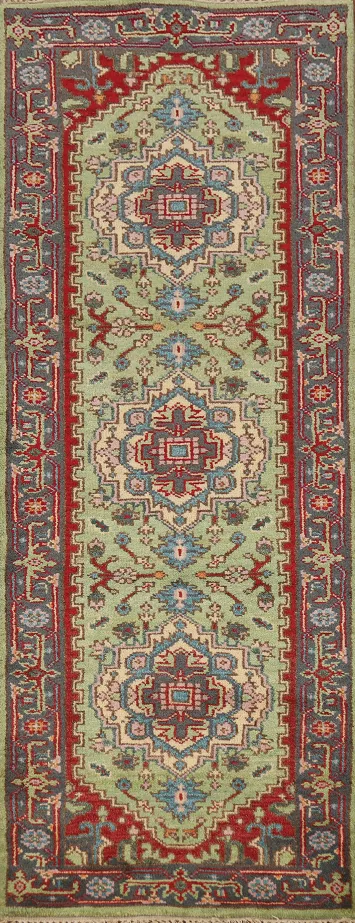 Green Wool Heriz Serapi Indian Runner Rug 3x8