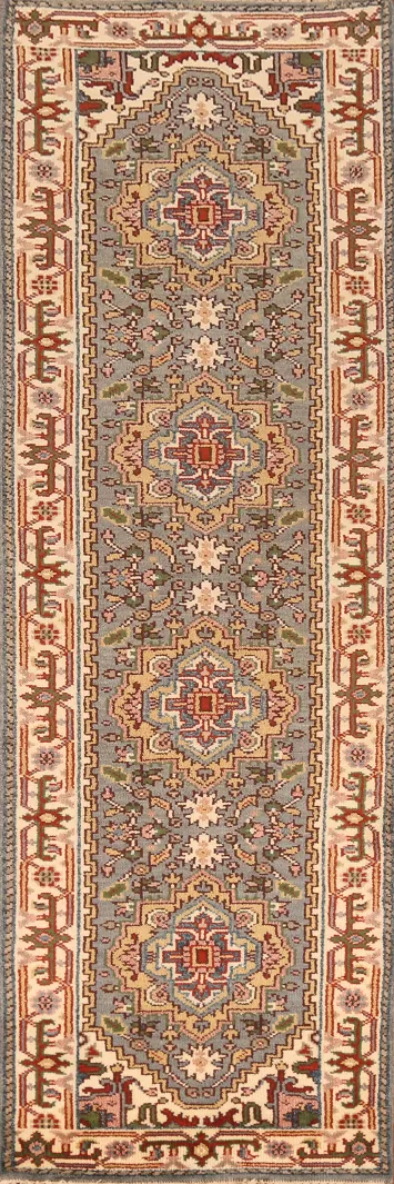 Gray Wool Heriz Serapi Indian Runner Rug 3x10