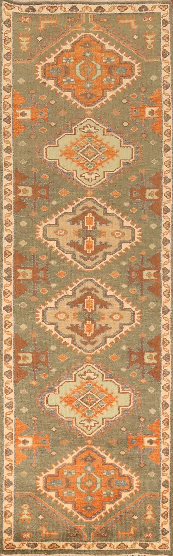 Green Geometric Heriz Serapi Indian Runner Rug 3x10