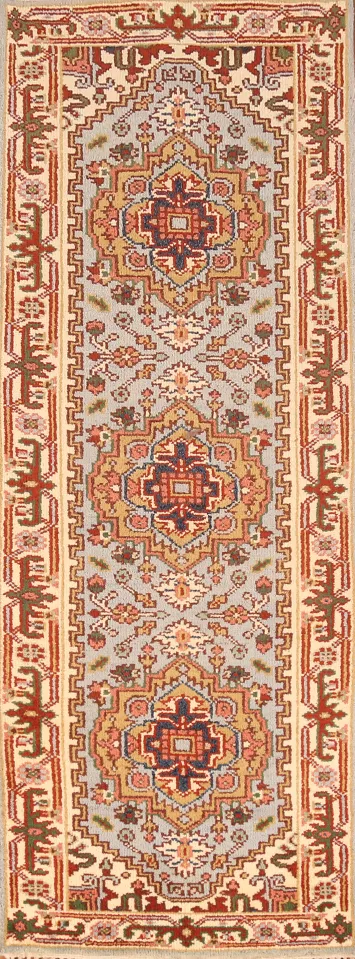 Geometric Wool Heriz Serapi Indian Runner Rug 3x8
