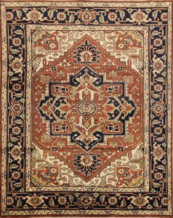 Traditional Rust and Navy Indo Heriz Living Room Rug 8x10 ft