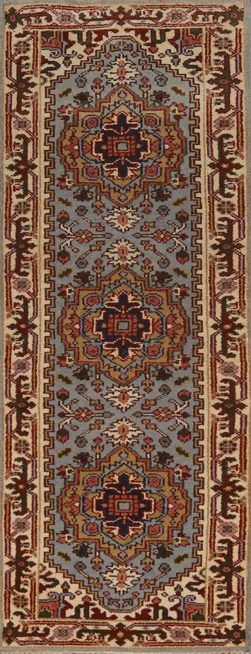 Blue Geometric Heriz Serapi Indian Runner Rug 3x8