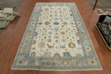 All-Over Wool Ivory Oushak Indian Large Rug 14x24