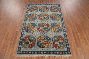 All-Over Blue Geometric Kazak Indian Rug 4x6
