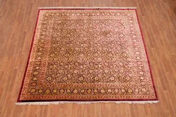 100% Silk Red Floral Qum Persian Square Rug 8x8