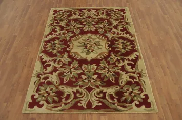 Red Wool Floral Indian Area Rug 5x8