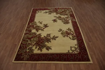 Classic Beige Rug with Burgundy Floral Border Design Elegance 6x10