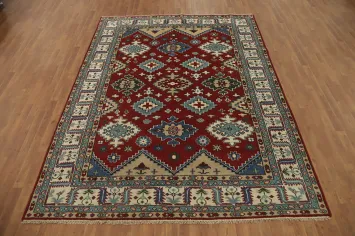 Red Geometric Wool Kazak Indian Area Rug 8x10