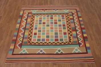 Checkered Kilim Wool Square Area Rug 6x6