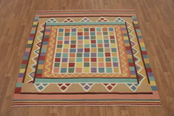 Checkered Wool Kilim Square Area Rug 6x6